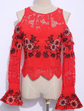 'Cecilia' Flower Embroidered Cold-Shoulder Crop Top - White or Black - DESIGNER INSPIRED FASHIONS
