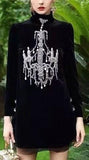 Black Velvet Mock-Neck Embellished Chandelier Dress - DESIGNER INSPIRED FASHIONS