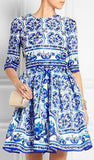 'Majolica' Tile Printed A-Line Silk Dress - Blue & White - DESIGNER INSPIRED FASHIONS