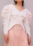 Ruched Puff-Sleeve Pearl-Embellished Top