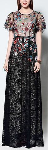 Floral Embellished Long Lace Maxi Dress in Black - DESIGNER INSPIRED FASHIONS