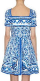 Tile Printed Squared Neck A-Line Dress in Blue & White - DESIGNER INSPIRED FASHIONS
