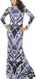 Long Silk Geometric Print Gown - Blue - DESIGNER INSPIRED FASHIONS
