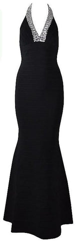 'Geena' Beaded V-Neck Halter Bandage Gown - Black - DESIGNER INSPIRED FASHIONS
