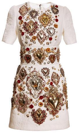 'Sacred Heart' Embellished Short Sleeve Brocade Dress - White - DESIGNER INSPIRED FASHIONS