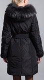 Floral-Cuff Fur Collar Puffer Down Coat, Black
