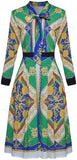 Printed Tie-Neck Pleated Shirt-Dress