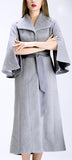 Flared Cape-Sleeve Textured Long Wool Coat in Grey - DESIGNER INSPIRED FASHIONS