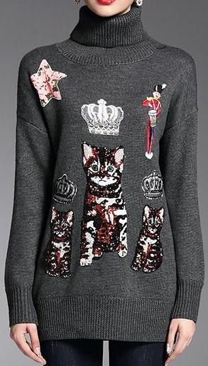 Bengal Kitten Embroidered Jumper Sweater-Grey - DESIGNER INSPIRED FASHIONS