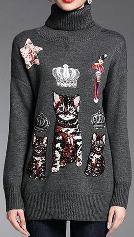 Bengal Kitten Embroidered Jumper Sweater-Grey - DESIGNER INSPIRED FASHIONS
