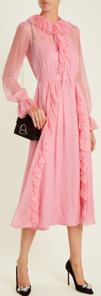 Ruffled-Trimmed Long-Sleeved Dress