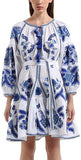 Floral-Embroidered Mini Boho Dress, Blue