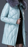 Rhinestone Studded Fur-Collar Puffer Down Coat, Light Blue