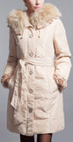 Floral-Cuff Fur Collar Puffer Down Coat, Apricot/Beige