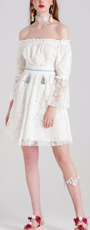 Off-the-Shoulder Floral-Lace White Dress - DESIGNER INSPIRED FASHIONS