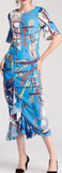 Ruffle-Contrast Printed Midi Dress, Blue