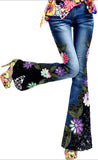 Embellished Multi Colored Floral Flared Denim Jeans - DESIGNER INSPIRED FASHIONS