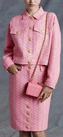'Raffia & Boucle' Tweed Jacket & Skirt Set in Pink - DESIGNER INSPIRED FASHIONS