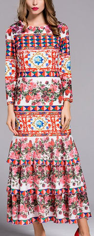 Long Multicolored Printed Tiered Hem Dress - DESIGNER INSPIRED FASHIONS