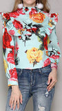 Roses Print Ruffle-Bib Blouse, Light Blue