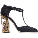Black Embellished Sacred Heart Brocade Heeled Shoes - DESIGNER INSPIRED FASHIONS