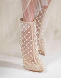 Pearlette Beaded Mesh Leather Ankle Boots
