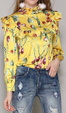 Radish Print Ruffle-Bib Blouse - Light Blue or Yellow
