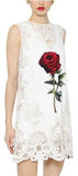 Embroidered Rose Printed White Mini Shift Dress - DESIGNER INSPIRED FASHIONS