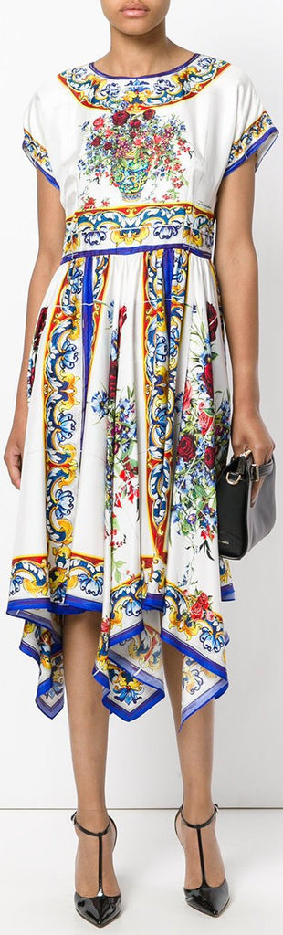 'Majolica' Print Flared Dress - DESIGNER INSPIRED FASHIONS