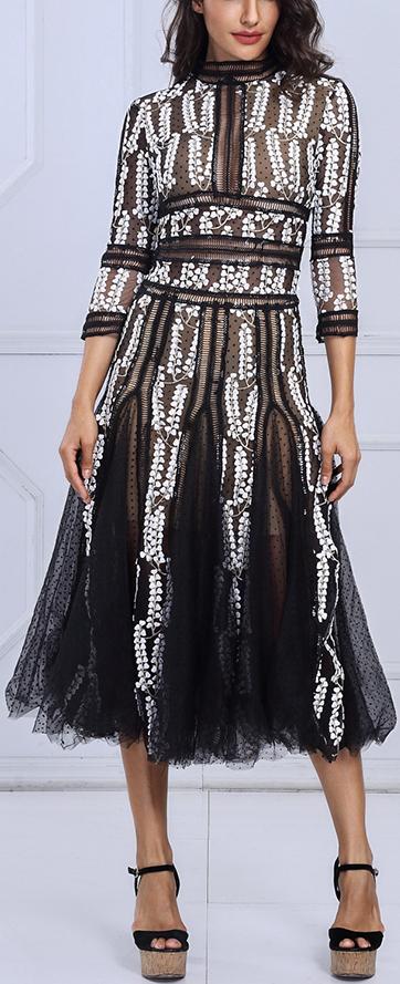 Embroidered Mesh-Paneled Midi Dress