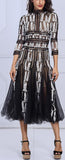 Embroidered Mesh-Paneled Midi Dress