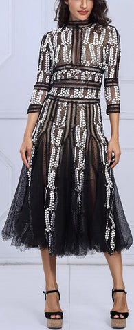 Embroidered Mesh-Paneled Midi Dress