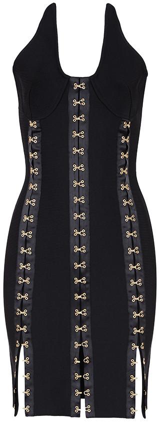Black Hook-Eye-Embellished Bodycon Mini Dress - DESIGNER INSPIRED FASHIONS
