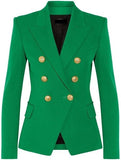 Double-Breasted Gold Button Twill Blazer, Green - DESIGNER INSPIRED FASHIONS