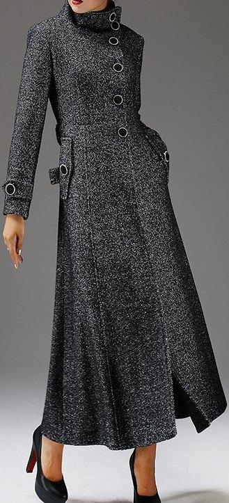 Side Embellished-Button Wool-Blend Coat, Grey