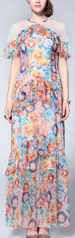 Ruffle Printed Long Maxi Dress - Multicolor - DESIGNER INSPIRED FASHIONS