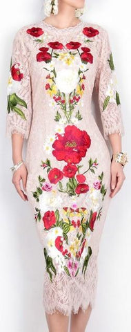 Floral Embellished Lace Midi Dress - Light Pink - DESIGNER INSPIRED FASHIONS