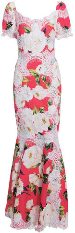 Lace Trim Floral Print Flared-Hem Dress in Red - DESIGNER INSPIRED FASHIONS