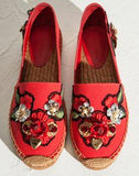 Locket-Flower-Jewel Embroidered Espadrilles-Red - DESIGNER INSPIRED FASHIONS