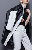 Faux-Leather Color-Contrast Coat in Black & White - DESIGNER INSPIRED FASHIONS