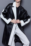 Faux-Leather Color-Contrast Coat in Black & White - DESIGNER INSPIRED FASHIONS