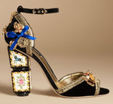 Black Velvet Sandal with Sculptural Heel & Embroidery - DESIGNER INSPIRED FASHIONS
