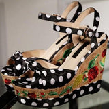 Embroidered Polka-Dot Crepe and Cork Sandals - DESIGNER INSPIRED FASHIONS