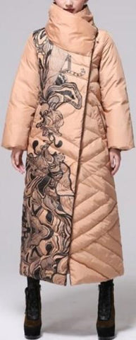 Printed Paneled Long Puffer Coat