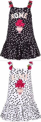 'Rome' Embroidered Polka Dot Print Floral-Appliques Dress, Black or White - DESIGNER INSPIRED FASHIONS