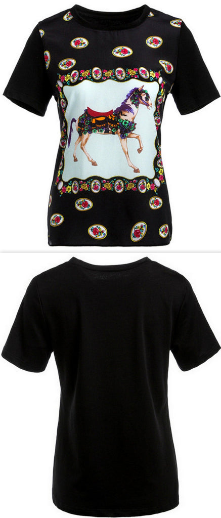 Carnival Horse Printed Silk T-Shirt, Black - DESIGNER INSPIRED FASHIONS
