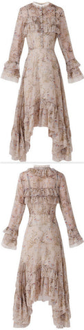 Printed Asymmetric Ruffled Dress - Oatmeal or Blue - DESIGNER INSPIRED FASHIONS