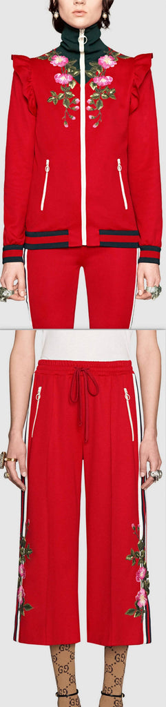 Embroidered Technical Jersey Jacket and Embroidered Wide Leg Jogging Pants, Red