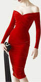 Off-The-Shoulder Red Velvet Dress - DESIGNER INSPIRED FASHIONS
