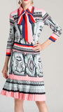 Printed Pussy-Bow Shirt & Pleated Printed Skirt Set